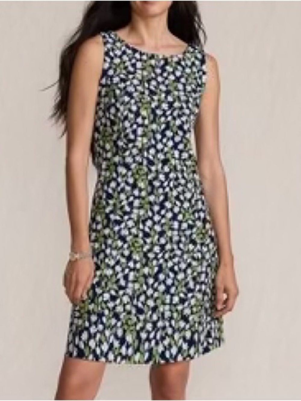 Land’s End Navy Blue Sleeveless Shift Dress All Over Floral Print Size M Stretch